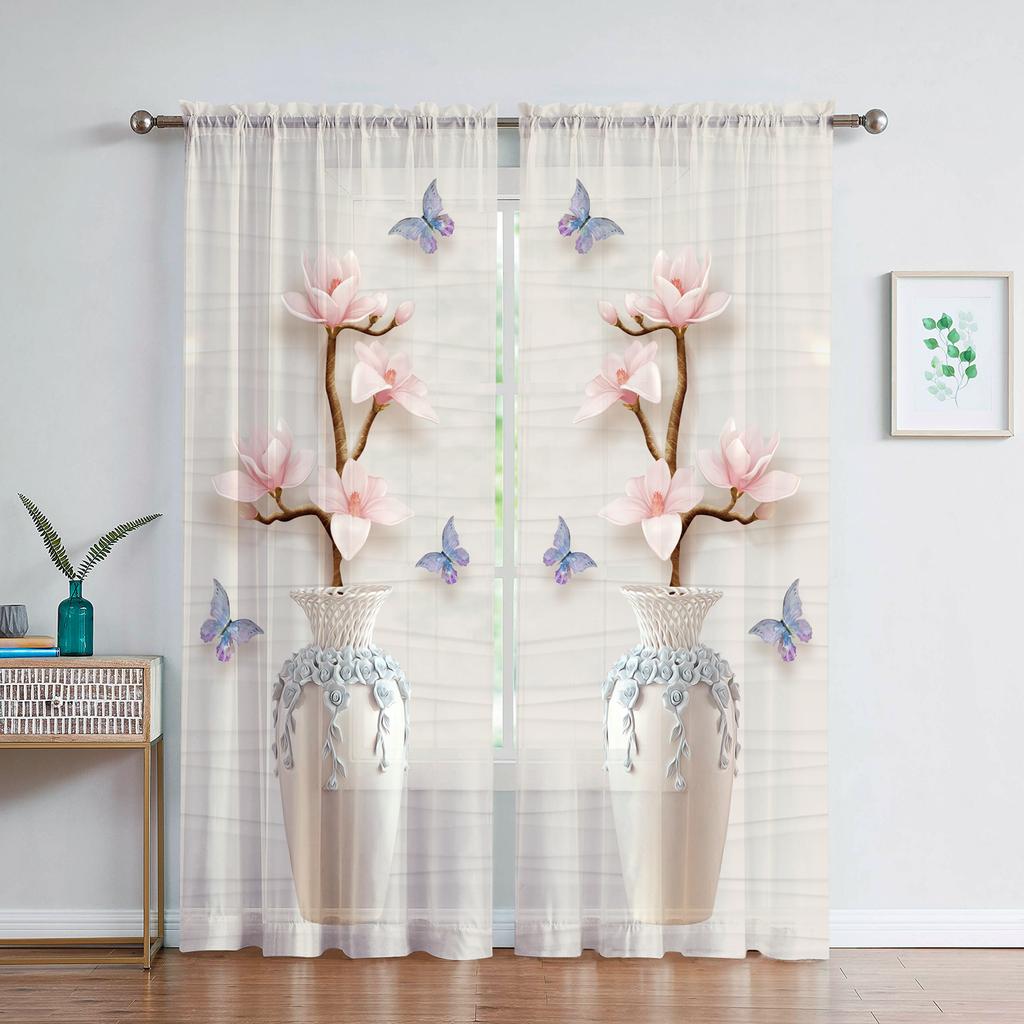 Delicate Vases Floral Sheer Curtain For Living Room Bedroom Transparent Tulle Curtain Chiffon Sheer Voile Kitchen Window Curtain