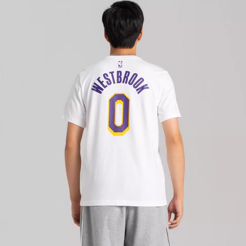 Men's Nike Alphabet Numeric Printing Basketball Sports Round Neck Short Sleeve Lakers Westbrook 0 White T-Shirt CV8529-106