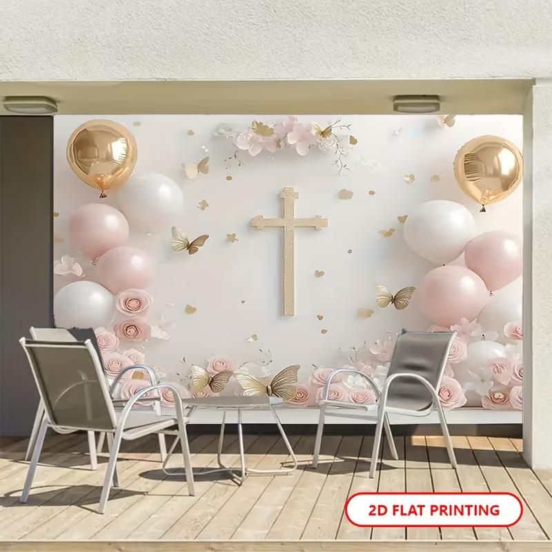 2D Pink Gold Cross and Balloons Studio Background for Religious Party