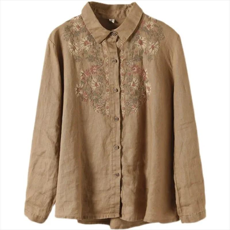 Retro Blouses Women National Shirt Linen Shirt Loose Embroidered Blous Laple Long Sleeve Cardigan Shirts