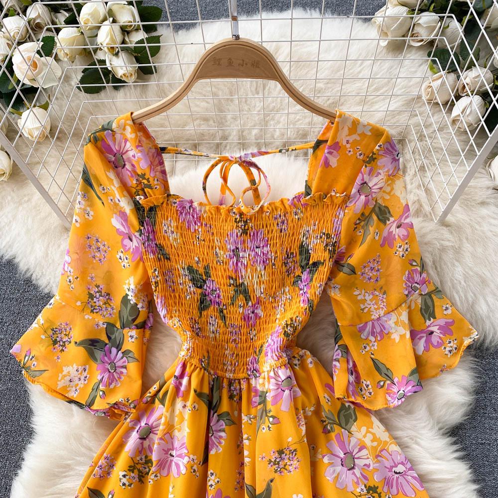 Tea Break French Vintage Dress Square Neck Flared Sleeve Tie Waist Women's Temperament Swing Long Dresses