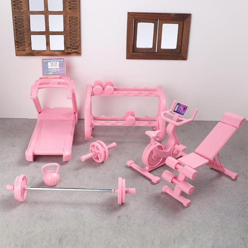 Mini Fitness Equipment Dollhouse Simulation Gym Treadmill Dumbbell Weight Lifting Machine Model Decor 1/12 Doll House Accessory