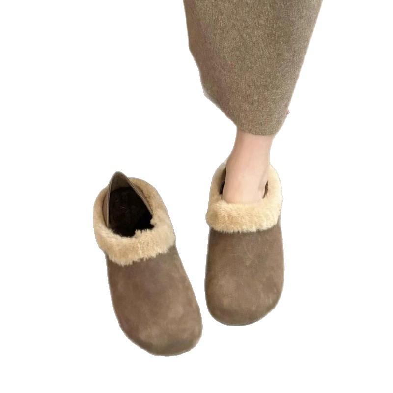 Fleece leather Birkenstocks women step on the heel two wear one pedal versatile cotton shoes retro warm flats