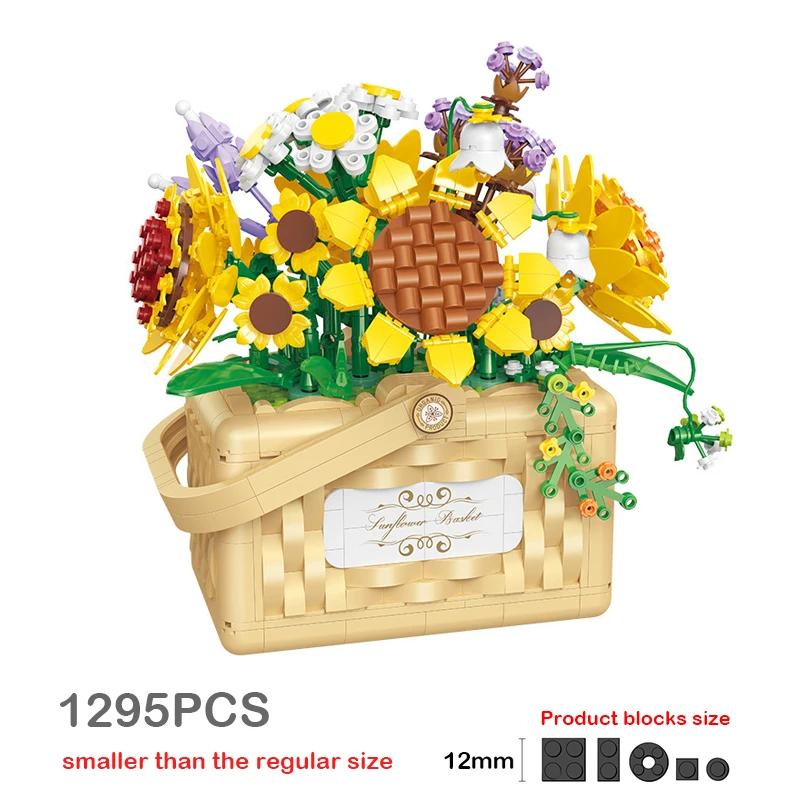 Rose Flower Basket Bouquet Building Kit Bonsai Sunflowers Building Blocks Set Blossoms Moc Bricks Puzzle Kids Toys Girls Gifts