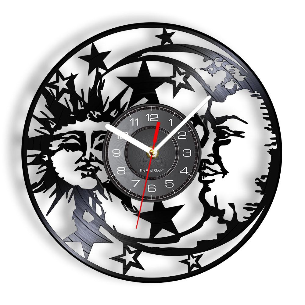 Sun And Moon Bohemian Eclipse Wall Art Clock Celestial Home Decor Sun Face Moon Phases Vinyl LP Record Wall Clock Mystic Gift