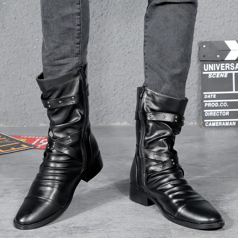 Modische Lederstiefel für Herren, hochwertige Bikerstiefel, schwarze Punkrock-Schuhe, hohe Stiefel für Herren und Damen, Größe 38–48