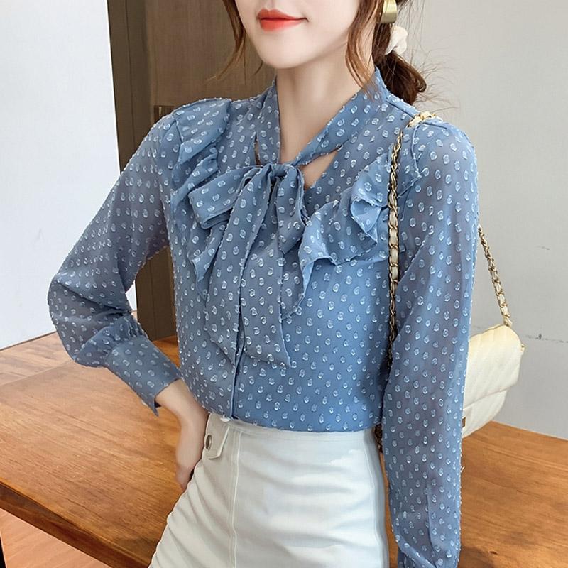 Women Blouses Shirts 2025 Spring Long Sleeve Women Blouse Shirt Bow Collar Chiffon Blouse Shirt Women Tops J657
