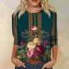 Trendy Vintage 3/4 Sleeve Top For Women,Ladies Casual Three Quarter Sleeve Round Collar Printed T-Shirt Blouse