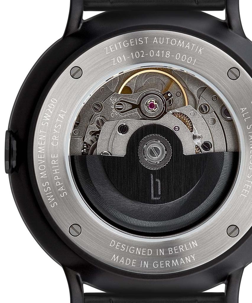 Lilianthal Berlin Automatic Date Skeleton Made in Black Men's Watch, Display, Back, Germany, Z01-102-B040C,