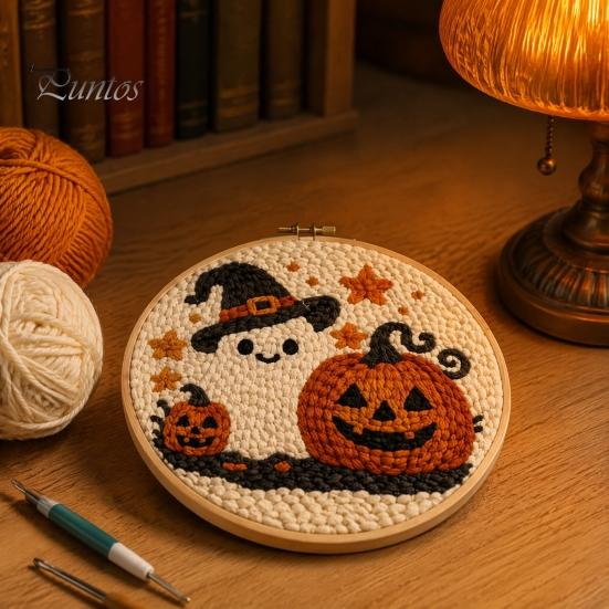 Holiday Gift for Craft Enthusiasts Halloween Punch Needle Kit, Pumpkin Ghost Kit with Complete Yarn Crafting Package Embroidery Hoop, Easy Art Project