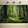 2D Magical Sunbeam Forest Tapestry, Fresh Mossy Green Trees Wall Hanging, Aesthetic Nature Decor