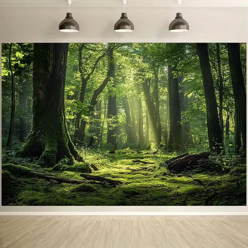 2D Magical Sunbeam Forest Tapestry, Fresh Mossy Green Trees Wall Hanging, Aesthetic Nature Decor
