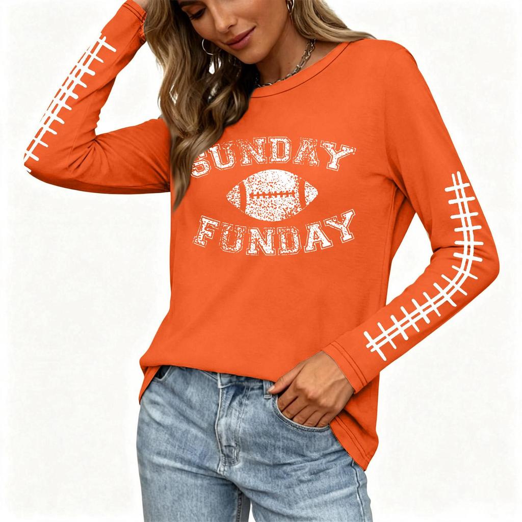 Women's Fashion Long Sleeve Neck Top with Rugby Graphic Print and Side Split Hem