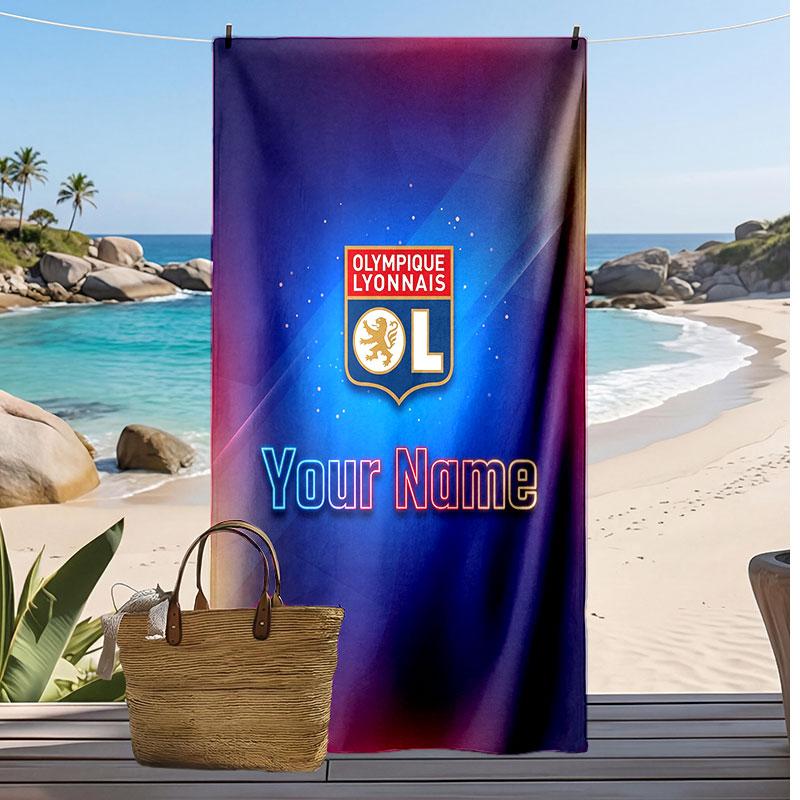 Lyon FC Personalized Printed Beach Towel Soccer Logo Support Custom Name Text Absorbent Towel For Sport Travel Special Gift