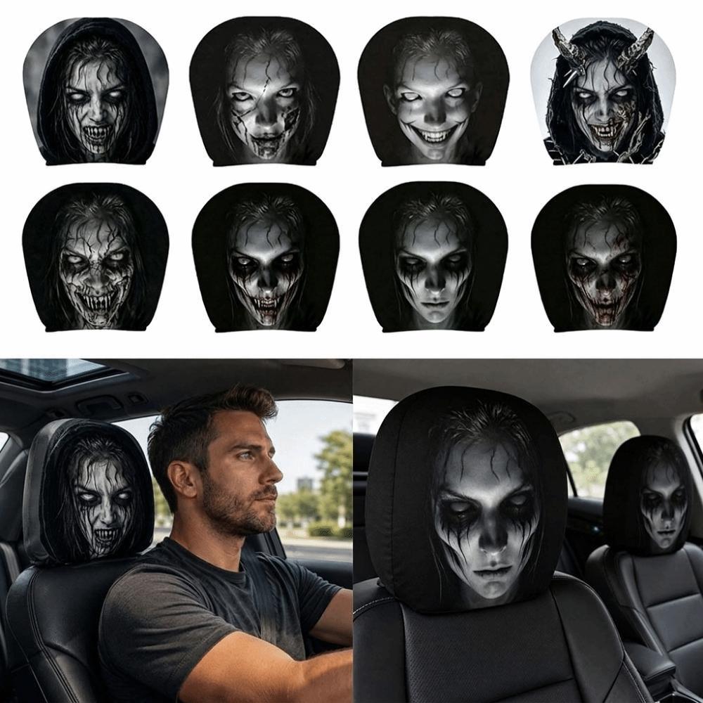 2Pcs Black Car Seat Cover Scary Face Printing Car Headrest Protector Car Headrest Cover Halloween