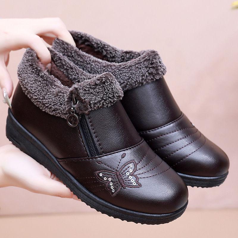 Winter Non-Slip Velvet Flat Boots for Middle-Aged & Elderly Women - Warm, Waterproof, Low-Top Grandma Shoes