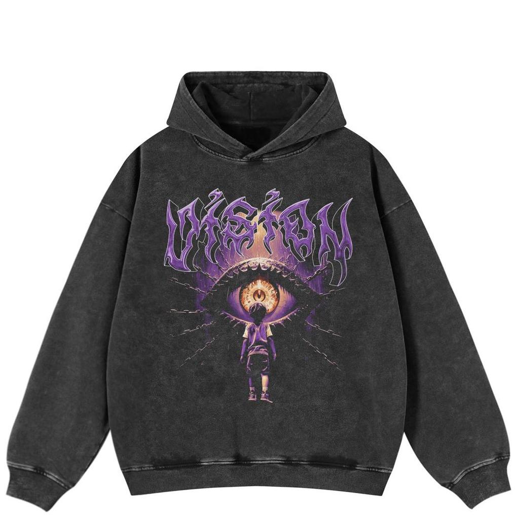 Streetwear Demon Eye Graphic Side Pockets Pullover Unisex Oversized Washed Black Hoodie