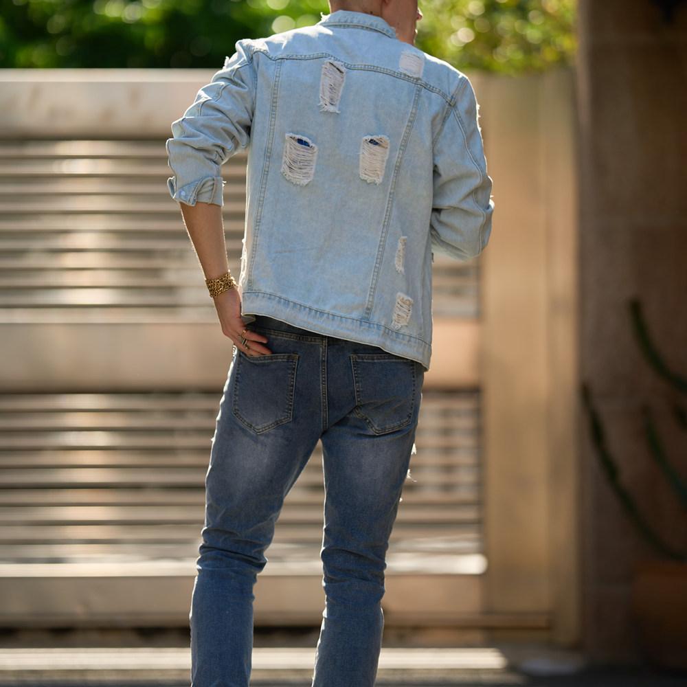 Chaqueta vaquera ajustada con agujeros sólidos para hombre, ropa de calle de otoño, abrigo informal de alta calidad, talla grande