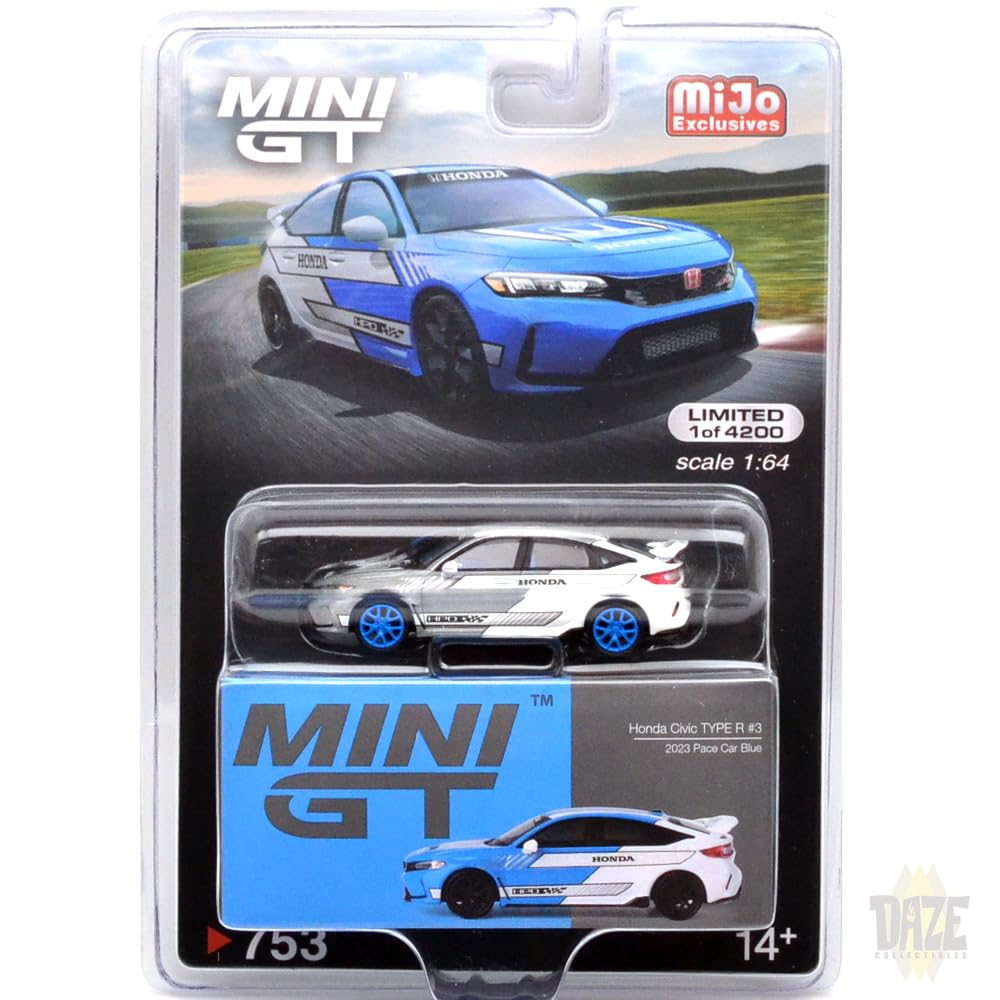 MINI GT Масштаб Американская эксклюзивная модель от MiJo Toys CIVIC TYPE R 2023 PACE CAR Civic Type R 2023 Машина безопасности Блистерная упаковка 164 #3 (СИНИЙ) (ПРЕСЛЕДУЙТЕ МАШИНУ) - # 3 синий