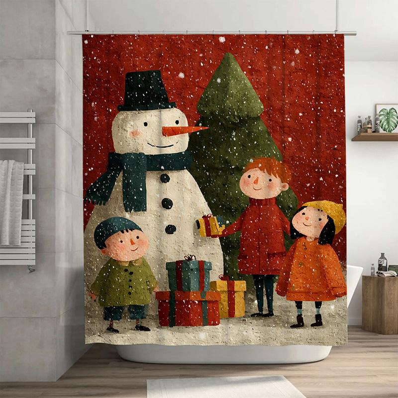 

Tuniu Festive Snowman Family Christmas Bathroom Decor Shower Curtain Cute Holiday Gift Set Waterproof Fabric Backdrop W60H190(CM)-1 Pcs