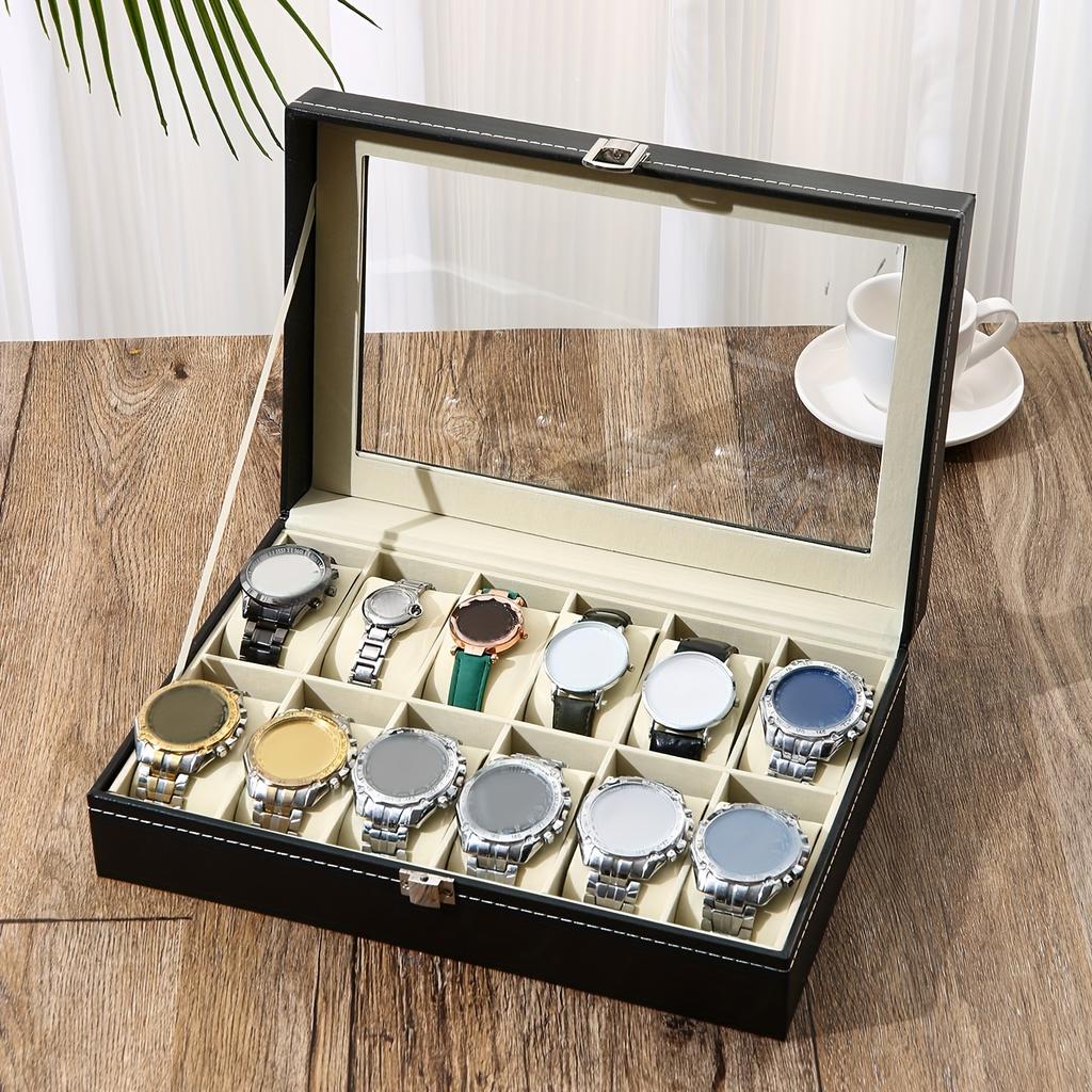 A Faux Leather Watch Storage Box That Holds 12 Watches, Perfect for Displaying Timepieces And Storing Jewelry Like Bracelets