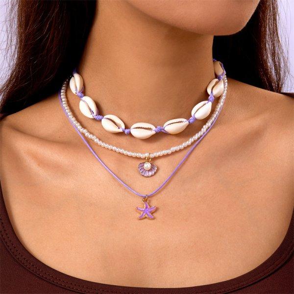 Boho Multilayer Shell Starfish Pendant Necklace for Women Imitation Pearl Conch Layered Chain Choker Girls Beach Party Jewelry