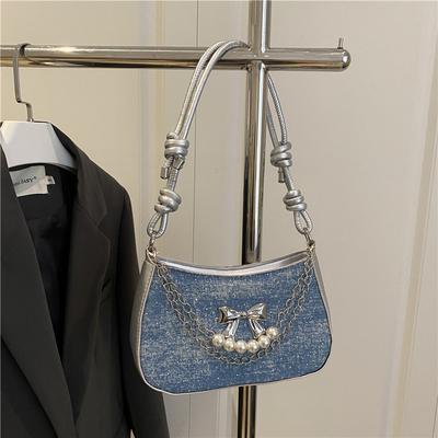Metal Bow Women's PU Small Shoulder Bag Pearl Chain Sweet Cool Girls Underarm Bags Handbags Portable Female Messenger Bag