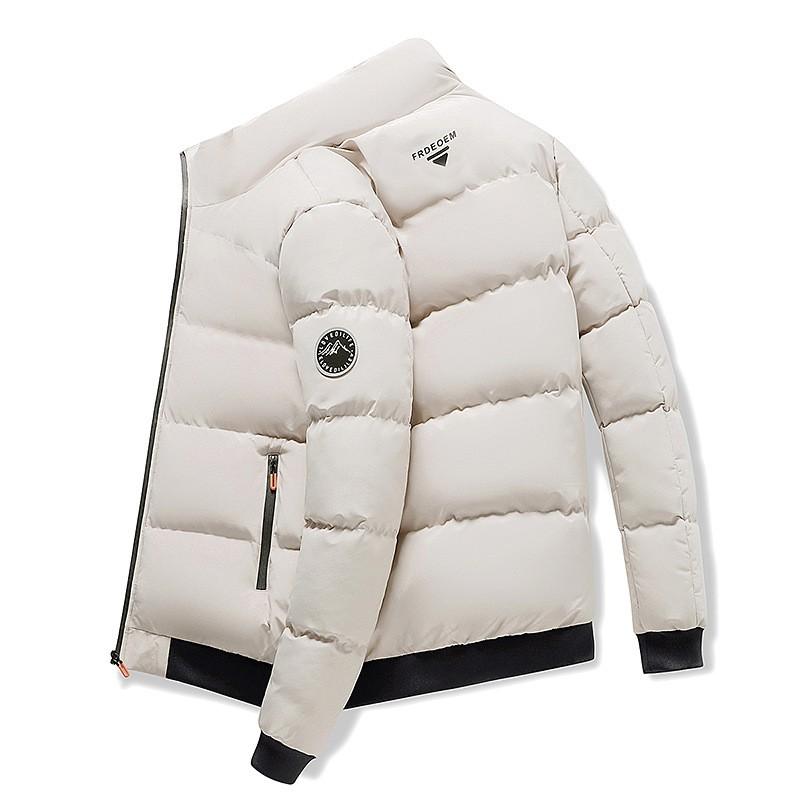 Mens Winter Warm Cotton Puffer Jacket Short Style Stand Collar Loose Fit Zipper Front Daily Wear