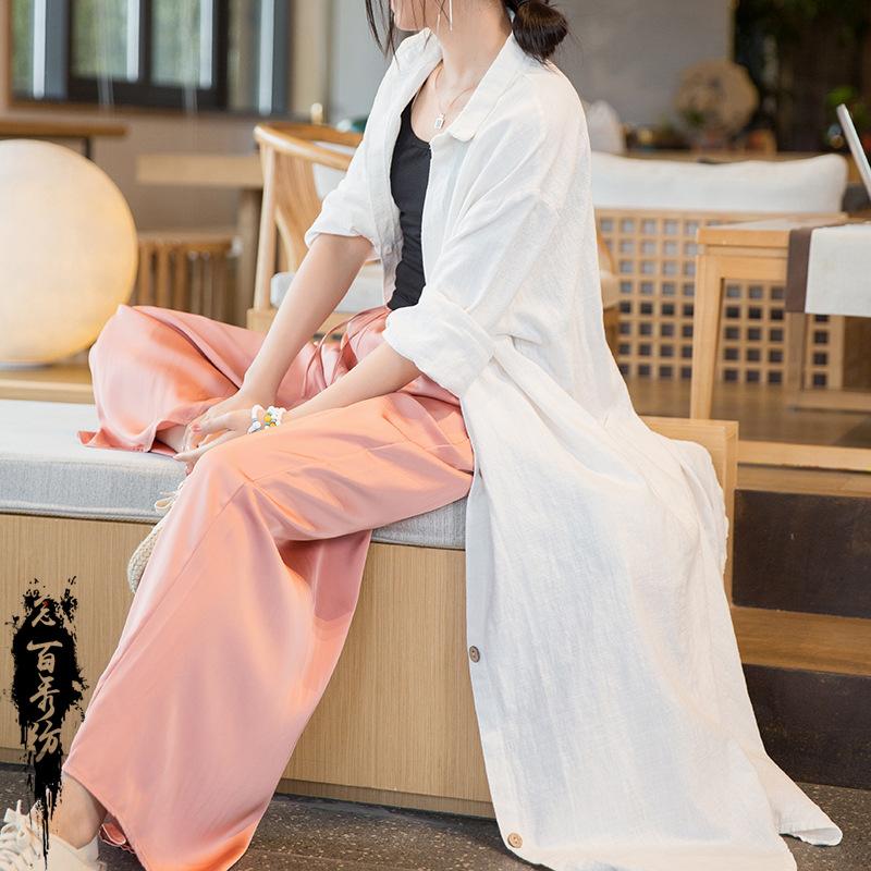 Women Vintage Linen Long Shirts Solid Color Long Sleeve Blouses Spring Summer Button Turn-down Collar Shirt
