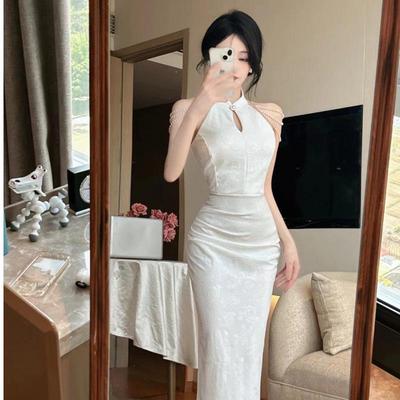 Elegant Off-Shoulder Qipao Evening Gown with Pearl Chain Accents