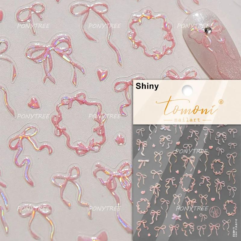 Shiny Polarized White Ribbon Bowknot Stars Tassel 3D Self Adhesive Nail Art Stickers Lovely Bow 5D Embossed Manicure Decals