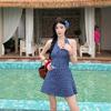 Blue plaid neck dress women's summer sleeveless waist bow a word skirt sweet spice short skirt