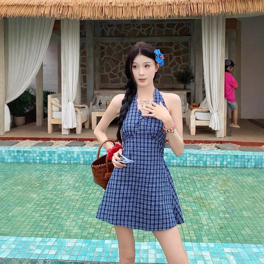 Blue plaid neck dress women's summer sleeveless waist bow a word skirt sweet spice short skirt