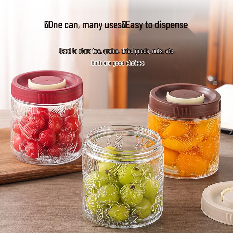 Large Embossed Begonia Flower Glass Storage Jar with Wide Opening for Rock Sugar