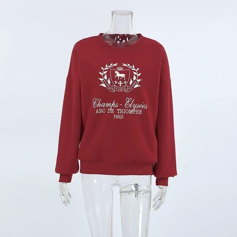 

European and American Loose Pullover Top Ankela Red round Neck Hoodie round Neck Neck Loose Printed Top Red L