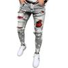 Pánské prošívané vyšívané džíny Úzké džíny Ripped Grid Strečové džínové kalhoty MAN Elastický pas Patchwork Jogging džínové kalhoty