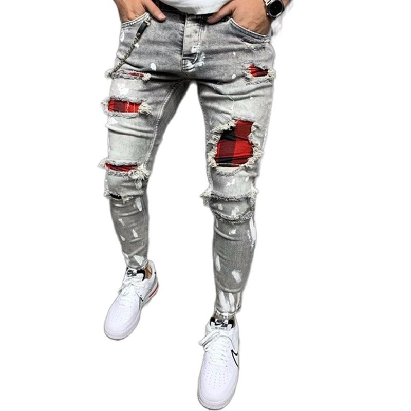 Pánské prošívané vyšívané džíny Úzké džíny Ripped Grid Strečové džínové kalhoty MAN Elastický pas Patchwork Jogging džínové kalhoty