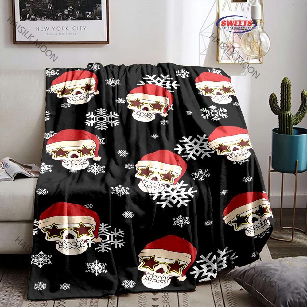 Spooky Skull Christmas Print Blanket Warm Soft and Comfortable Home Travel Blanket Sofa Bedding Cover Blankets Gift for Friends