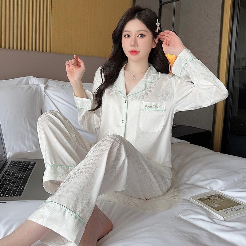 Pajamas women's spring and autumn thin ice silk long-sleeved cardigan large size Internet celebrity suit high-end solid color jacquard loungewear 