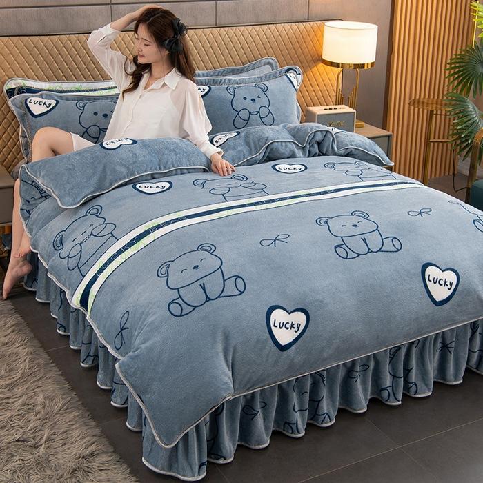 Maternal And Infant Grade Thickened Milk Fleece Four-Piece Set, Double-Sided Coral Fleece Fleece Quilt Cover, Flannel Bed Sheet