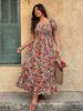 Plus Size Floral Square Neck Puff Sleeve Long Dress - Waist Cinched Slimming Fit