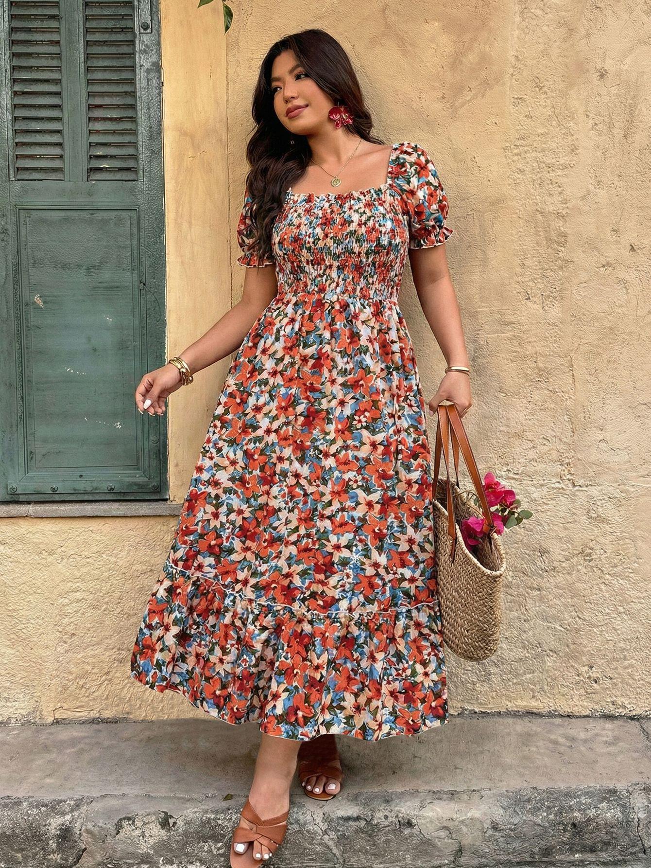 Plus Size Floral Square Neck Puff Sleeve Long Dress - Waist Cinched Slimming Fit XL цветочный