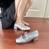 Sea salt Mary Jane shoes spring and autumn new bow middle heel women's shoes French thick heel ballet silver single shoes women