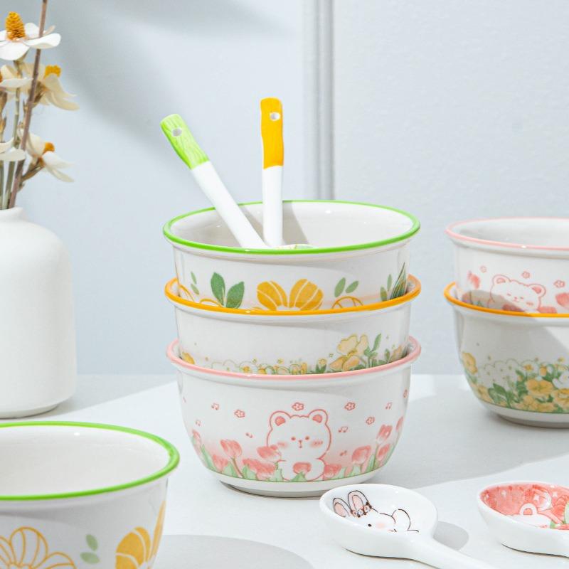 Cartoon Hase Bär Keramikschalen und Löffel Set Für Kinder Kreatives Blumenmuster Schale Keramikgeschirr Kinderschale Löffel