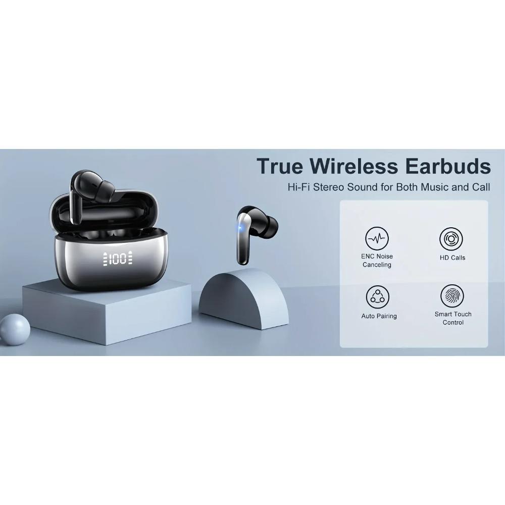 Bluetooth 5.3 Wireless Earbuds ENC Noise Cancelling Mic 50H Playtime Deep Bass Stereo Sound IP7 Waterproof LED Display Mini In-E