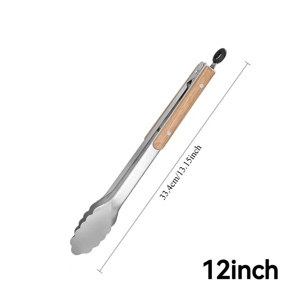 Heavy Duty Stainless Steel Food Tongs with Wooden Handle, Heat Resistant BBQ Grilling Tool for Kitchen & Outdoor, 9-16 Inch