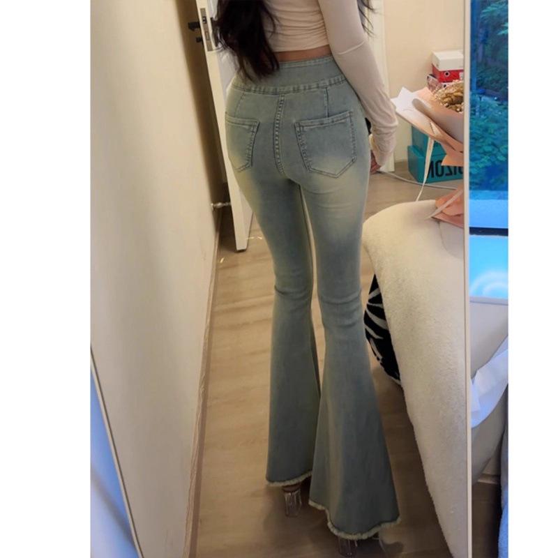 Retro High-Waisted Fishtail Flare Jeans - Women's Slimming Stretch Raw Hem Wide-Leg Pants