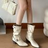 Fashion Metal Belt Buckle Block Heel Single Boots Women's Fashion Pointed Toe Pleated Anti-Slip Wear-Resistant Mid-Tube