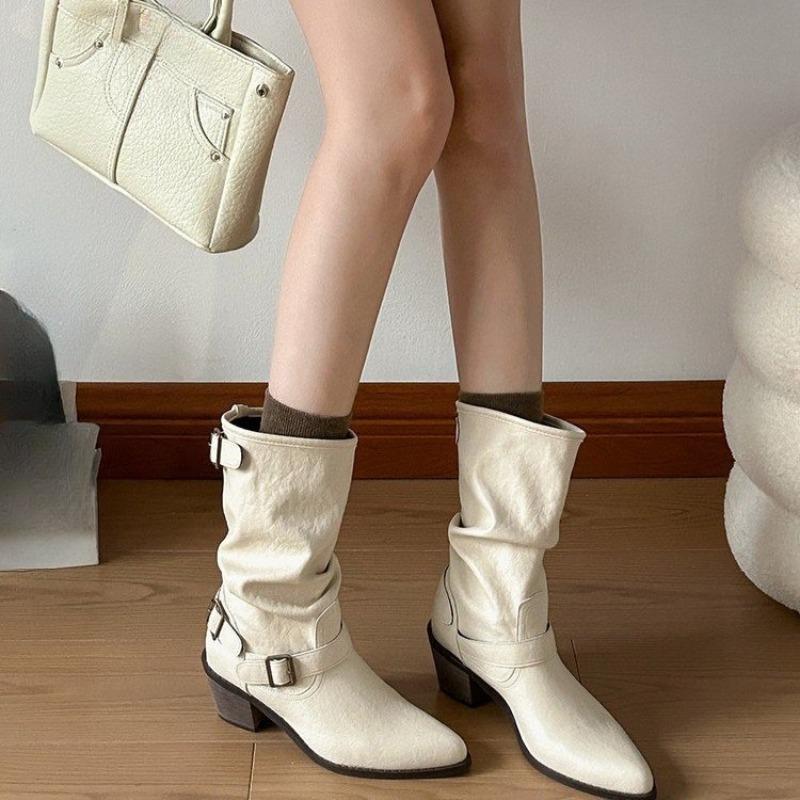 Fashion Metal Belt Buckle Block Heel Single Boots Women's Fashion Pointed Toe Pleated Anti-Slip Wear-Resistant Mid-Tube