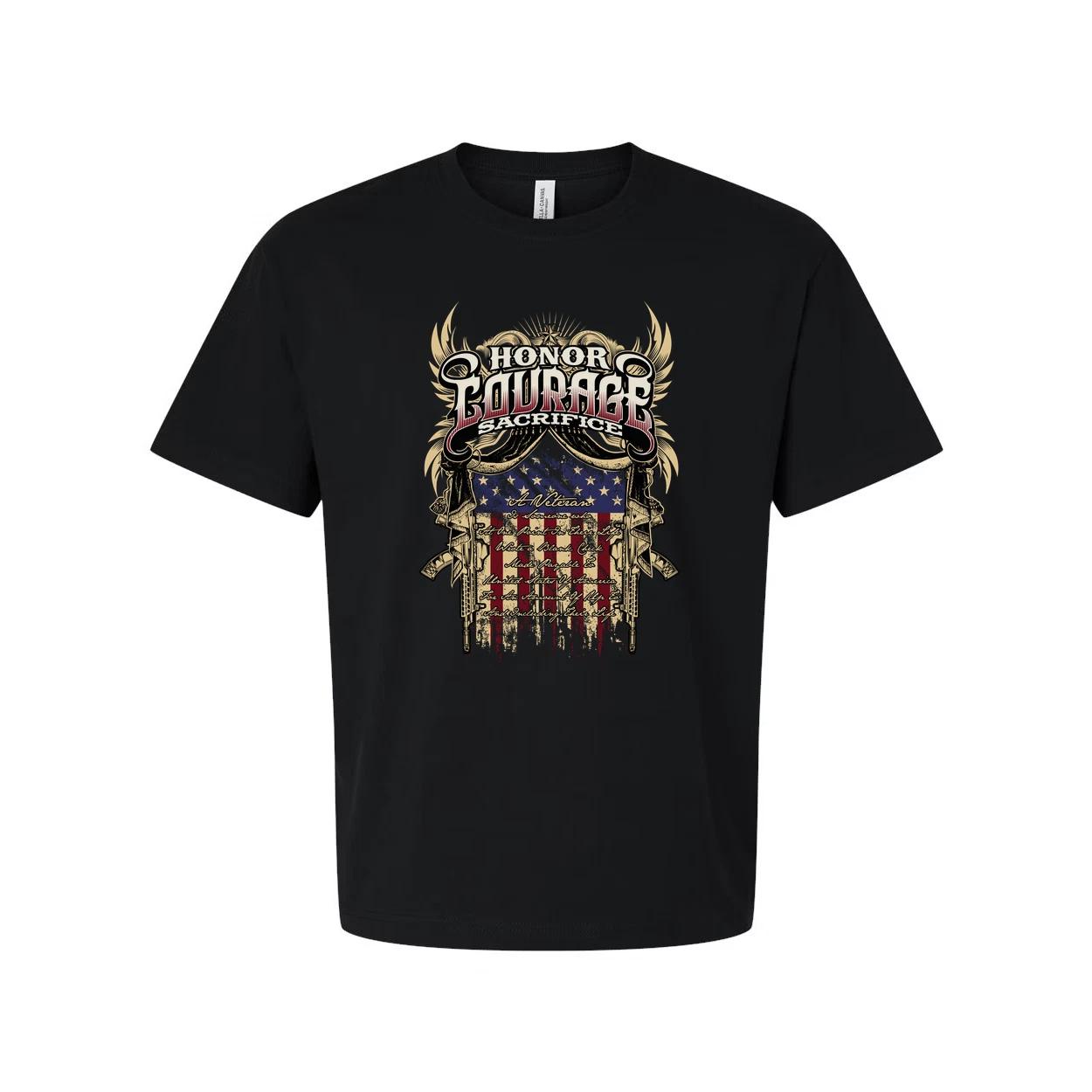 Unisex Veteran Graphic Tee Featuring Honor Courage Sacrifice Emblem and American S
